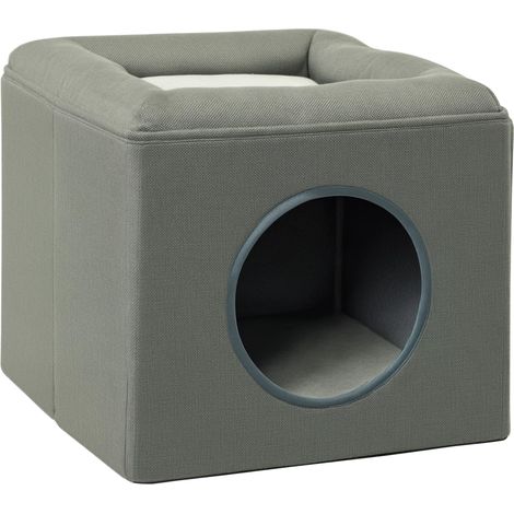 Maison Niche pour Chat 2 Niveaux avec Coussin Moelleux en Peluche - 36,5 x 36,5 x 33 cm Gris (1/5)