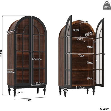 Meuble de rangement haut avec arche, armoire autoportante à porte cintrée pour cuisine et salon, placard de cuisine, buffet vitré, meuble en bois aspect grainé (1/5)