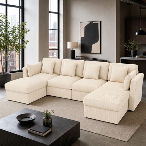 Divano ad angolo modulare 290x159.5x89 cm, con braccioli regolabili, pouf mobili, in corduroy beige (1/5)