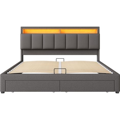 Letto contenitore capitonné LED 180 x 200 cm grigio in lino con telaio in acciaio (1/5)