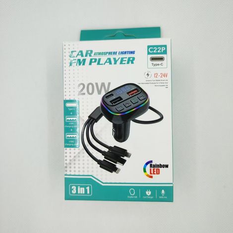 New C22P Car Bluetooth MP3 Player with 3-in-1 Charging Cable, 5V 3A Car Charger, Hands-free Calling -- C22P Color Box Packaged (1/3)