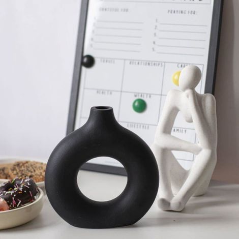 Vase Céramique - Forme Donut - Noir Mat - Pour Fleurs Séchées Et Décoration Intérieure - 1 Pièce (1/5)