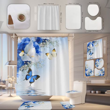 Rideau De Douche - Tapis De Bain Non Glissant - Couvre-Cuvette - Tapis En Forme De U - Ensemble 4 Pièces - 180 X 180 Cm - Polyester (1/3)