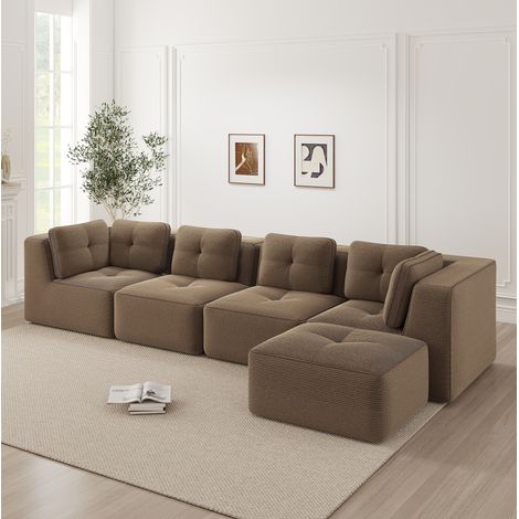 Canapé d’angle modulaire 386x177x69 cm marron en velours côtelé avec assise profonde et coussins moelleux (1/5)