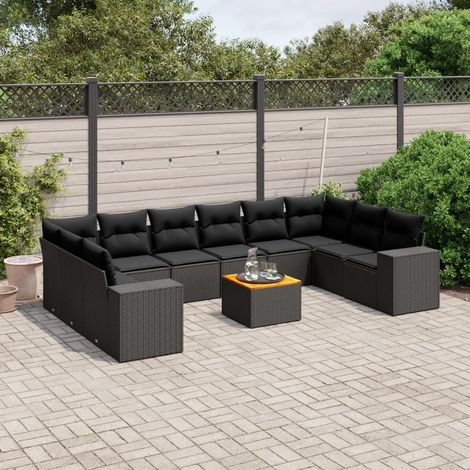 Ensemble Salon Jardin 11 Pièces Noir Résine Tressée avec Coussins - Table Acacia - Modulaire (1/5)