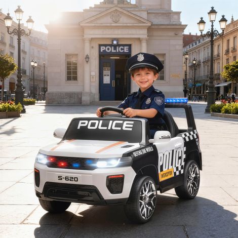 Coche Eléctrico para Niños de Policía con Mando a Distancia Motor Doble Sirena Suspensión en 4 Ruedas y Faros Blanco (1/5)