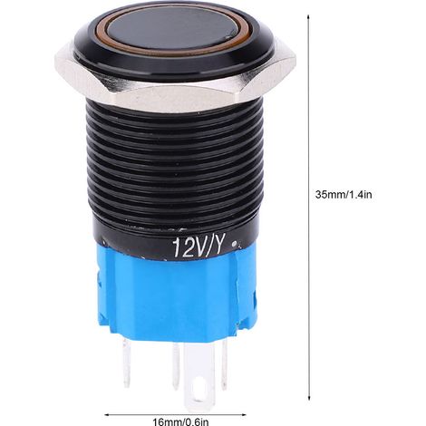 Vente de 2 ensembles par unité, interrupteur à bouton-poussoir en métal noir anodisé à 5 broches en forme d'anneau de 16 mm, 12 V CC, 1NO1NC, jaune. (1/5)