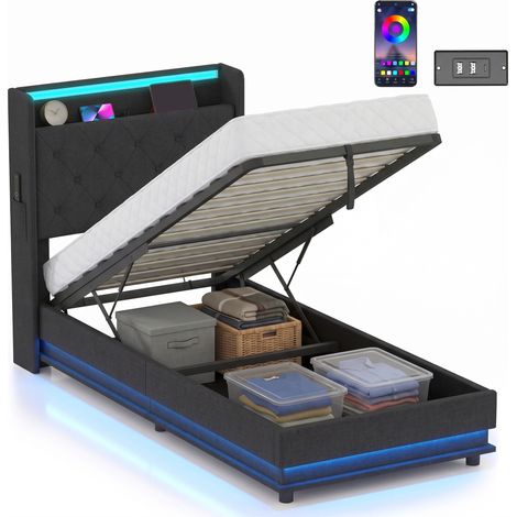HOMCOM Lift up Storage Bed Frame with RGB LED Lights, 90 x 190cm, Black (1/5)
