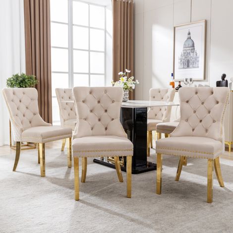 Lot de 6 chaises velours beige/or - Dossier heurtoir unique - Garniture cloutée - Pieds or inox - Cuisine/salon (1/5)