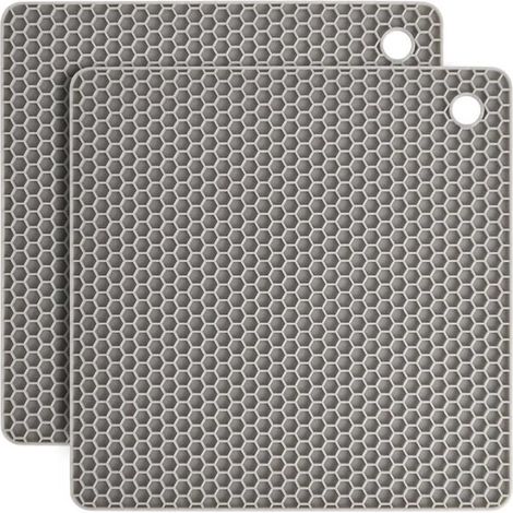 Dessous de Plat Silicone, 2 pièces : antidérapant, résiste à 250 °C, multifonction (repose-cuillère, dessous de verre), tapis - Gris (1/5)