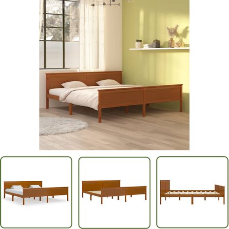 The Living Store Cadre de lit sans matelas marron miel bois pin massif 200x200cm - Cadre De Lit - Lit Double - Bois De Pin - Meuble Chambre - Literie (1/5)