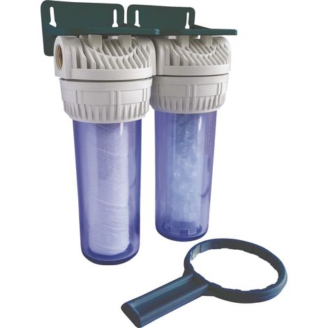 Filtre double prêt-à-poser avec cartouches 20µm et anti-calcaire – Protection contre tartre 6 mois – Installation facile – Aquawater