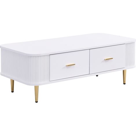 Mesa de centro blanca con 4 cajones, esquinas redondeadas, tiradores y patas doradas (1/5)