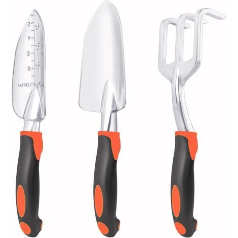 3 Piece Heavy Duty Gardening Tool Set, Including Garden Spade, Transplanting Spade and Hand Rake with Ergonomic Handle, Aluminum Lawn for Planting, Orange (1/5)