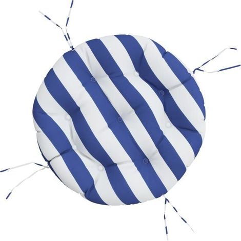 Un coussin rond à rayures bleues et blanches, de 60 cm de diamètre et 11 cm de hauteur, en tissu Oxford. (1/5)