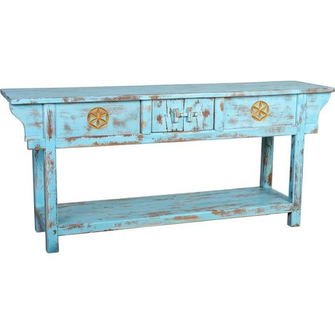 Recibidor de madera acabado artesanal envejecido azul 181x45x80