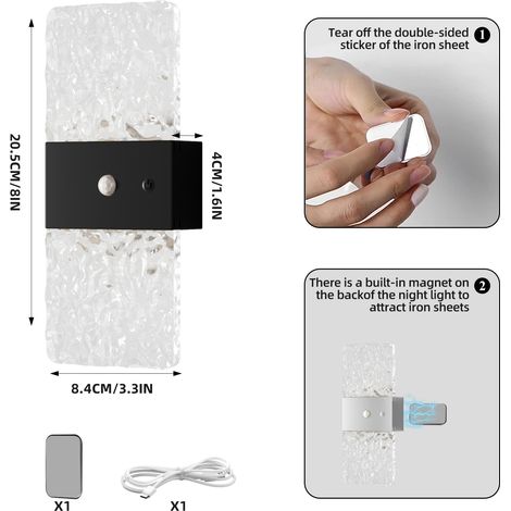 Wandleuchte, 1 Stück, wiederaufladbar, batteriebetrieben, 1200 mAh, für den Innenbereich, geeignet für Schlaf- und Wohnzimmer, schwarz – Ausführung 1