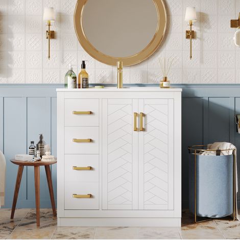 Mueble de baño con lavabo moderno blanco en MDF, 3 cajones, 2 puertas y estantes abiertos 76,5 cm (1/5)