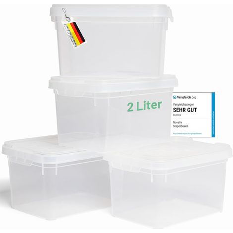 Novaliv 4x boîtes de rangement avec couvercle petit 2 L transparent emboîtable empilable boîtes en plastique avec fermeture à clip plastique sans BPA