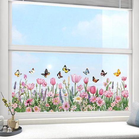 Sticker fenêtre – 85x62 cm – Tulipes et lavande – Recto verso – Réutilisable – Décoration intérieure (1/5)