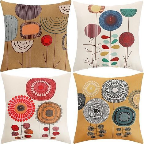 Cushion Cover, 45x45 Pillowcase Set of 4 Decorative Cushion Covers with Flowers, Marine Life, Tropical Plant Pattern for Sofa, Living Room Chair (Floral-Cotton Linen) (1/4)