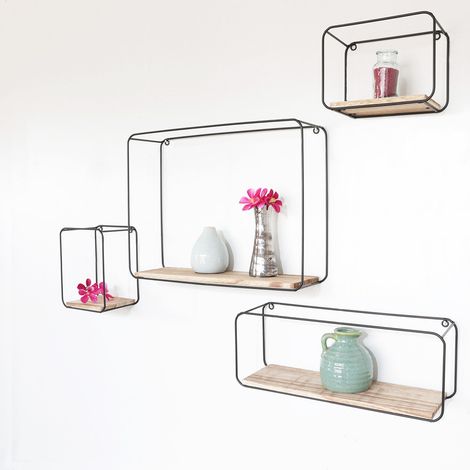 Set de 4 étagères murales rectangulaires en métal avec étagère en bois - Noir
