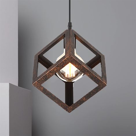 Creative Square Pendant Light Metal Iron Cage Pendant Lamp Modern Geometric Hanging Lamp Retro Modern Ceiling Light (Color:Rust)