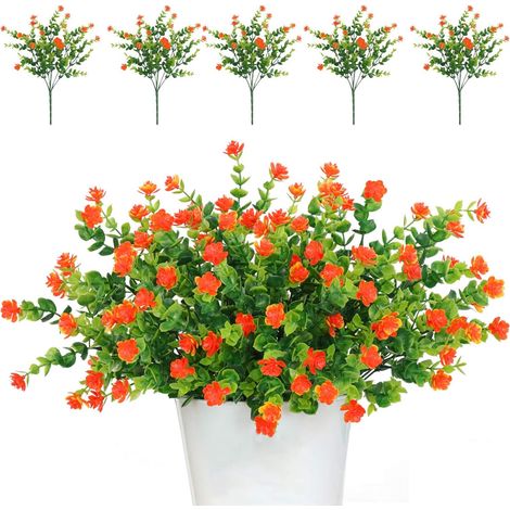 Lot de 5 Bouquets de Fleurs Balcon, Plantes de Verdure Artificielles pour Intérieur, Bureau, Résistantes aux UV, Orange Rouge, Jardin (Extérieur) (1/5)