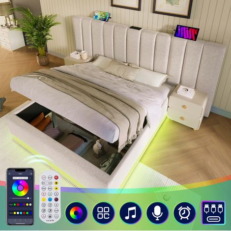 Lit coffre 160x200 LED USB-C en lin beige 200 kg HAVRYA (1/5)