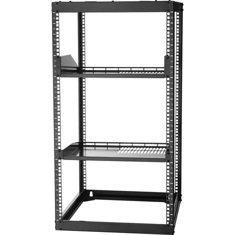 Bâti de rack réseau ouvert 20U, profondeur 585 mm, mural ou au sol, 4 montants robustes, avec étagères ventilées et visserie, pour équipements IT et AV. (1/5)
