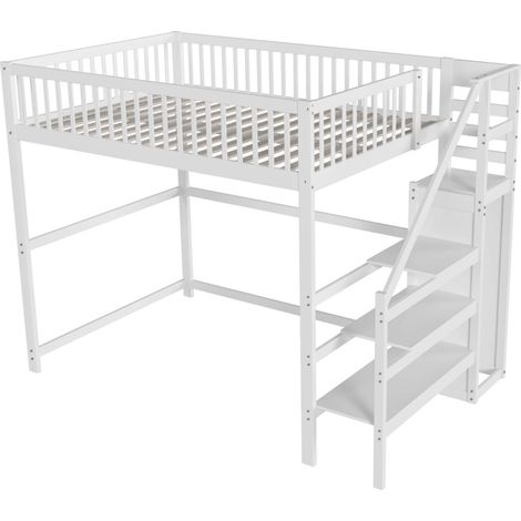 Lit mezzanine en bois massif blanc 140x200 cm avec escalier sécurisé, rangement et armoire intégrée pour enfant sans matelas (1/5)