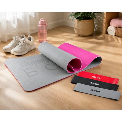 Lot comprenant un tapis de gym pour femmes et des bandes d'entraînement Iron Gym Power Loop à 3 niveaux de résistance – Tapis de yoga antidérapant pour le Pilates, l'entraînement à domicile et la musc (1/3)