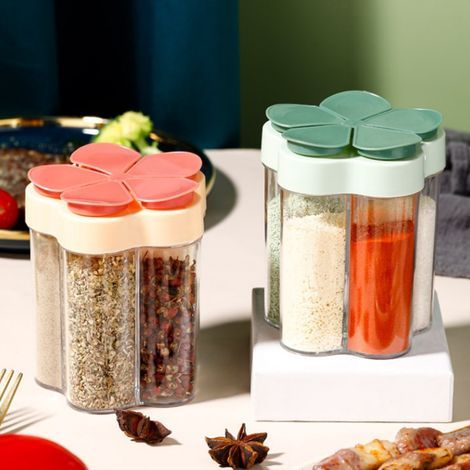 Two-pack of 5-in-1 spice jars, transparent 5-compartment spice jars, for spices, herbs, salt, pepper, barbecues, picnics, travel, camping, and kitchen use (red + green). (1/5)
