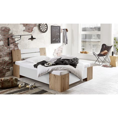 BMG Möbel Futonbett Graz in weiß/ Artisan Eiche Holzbett Doppelbett 140x200 cm Made in Germany (Mit Rollrost)