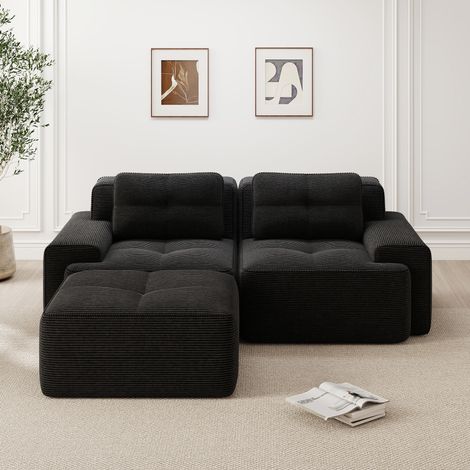 Canapé modulable L noir en corduroy avec ottoman, sans montage DESVIAE (1/5)