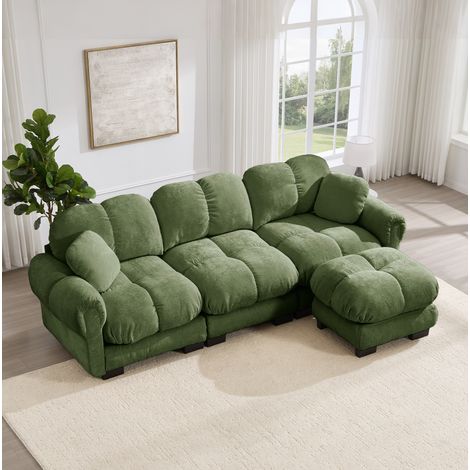 Canapé d’angle L 3 places avec ottomane mobile, chenille vert, 260 x 149 x 90 cm (1/5)
