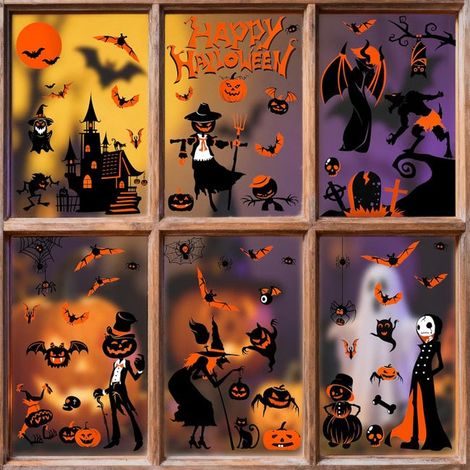 Adesivi per finestre di Halloween, 9 fogli spaventosi per finestre, castello di Halloween, pipistrello, fantasma (1/5)