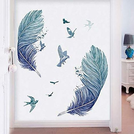 TuseRxln Wandtattoo „Blaue Feder“, selbstklebendes Wandtattoo, Wandbild für Wohn-/Schlafzimmerdekoration