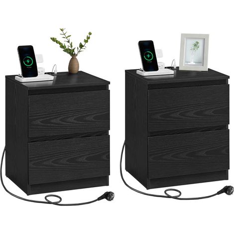 Mesita de noche con regleta mesa auxiliar con 2 cajones 2 tomas de CA 2 puertos USB-A para salón dormitorio oficina moderna color negro 120007606