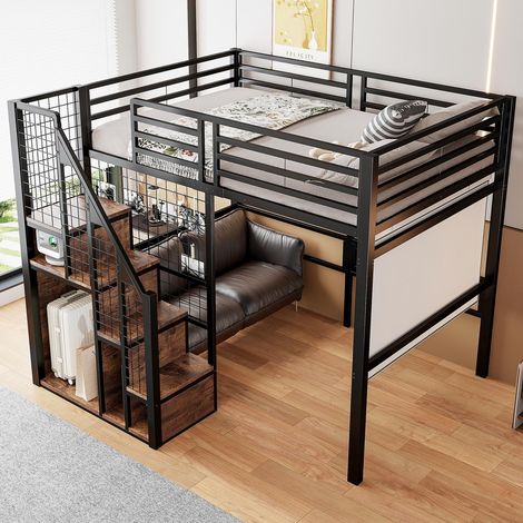 Lit mezzanine 140x200 cm avec escalier sécurisée et espace de rangement, lit 2 places avec structure en métal et étagères, lit double - Noir