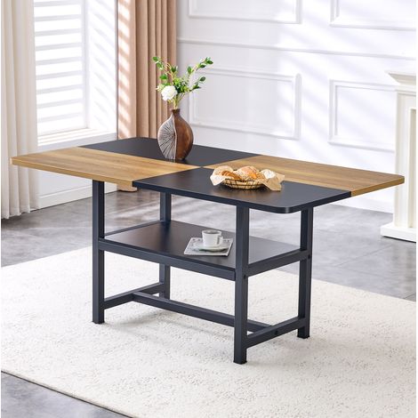 Table à manger rectangulaire pour 4–6 personnes, structure en  MDF 2,5 cm, pieds métal, 160x90x76 cm, marron clair et noir (1/5)
