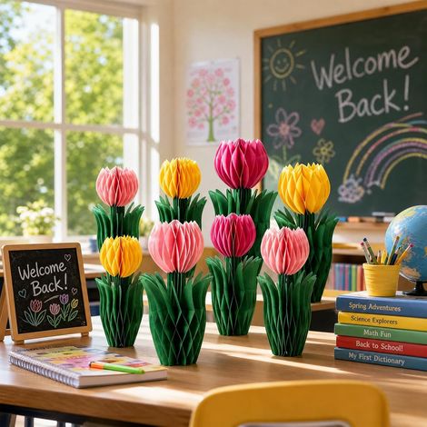 Lot de 8 tulipes - Boules en nid d'abeille - Décoration de table - Rose et orange - Décoration de table pour mariage, maison, hôtel, printemps, fête (1/5)