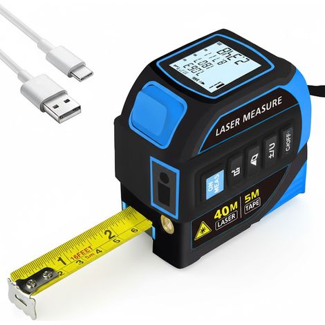 4-in-1 digitaler Laser-Entfernungsmesser: 40-m-Laser-Entfernungsmesser, 5-m-Maßband, elektronische Zweiachsen-Wasserwaage, Fadenkreuz, wiederaufladbar, hintergrundbeleuchtetes LCD-Display