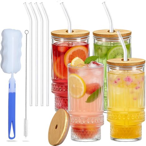4 Verre Paille, 320ml Tasse Avec Couvercle, Accessoire Cocktail, Pour Café Glacé, Jus (1/5)