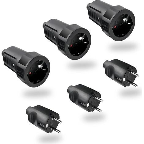 Schwarzes 3er-Set wasserdichte Außenstecker (männlich/weiblich), 250 V, 6 A, IP44, 2-polig, mit runden Füßen, kabellos
