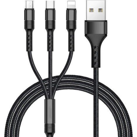 3-in-1-Multi-USB-Ladegerät, geflochtenes Nylonkabel mit Micro-USB- und Typ-C-Anschlüssen für Samsung Galaxy S10/S9/S8, Huawei P30/P20, Honor, OnePlus, Wiko, Kindle, 1,2 m (Schwarz) NPTERBL-Crezuo