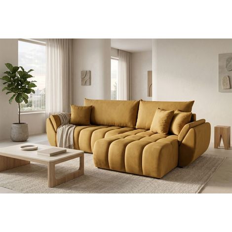 Ecksofa Schlafsofa Sofa COLLIN in Stoff Monolith Honiggelb Ottomane Rechts