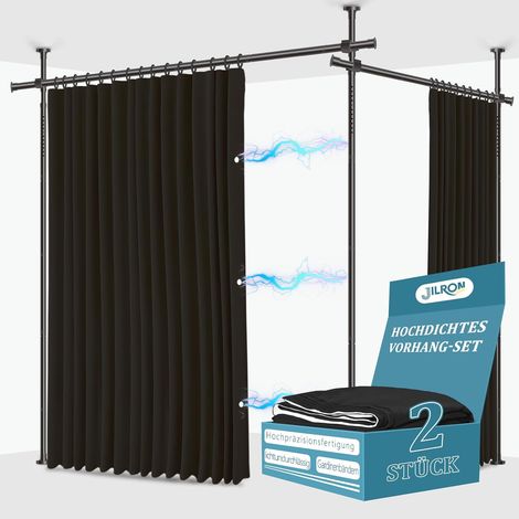 Lot de 2 tringles à rideaux sans perçage (2 rideaux noirs : H 213 x l 270 cm, tringle : H 109 à 305 x l 182 à 508 cm), idéal pour les appartements en location et les chambres à coucher. (1/5)