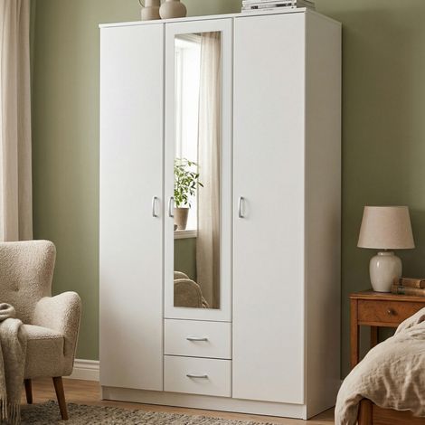 Schrank 3 Türen Crati: Kleiderschrank Schlafzimmer, 4 Regale, 2 Schubladen, Kleiderstange, 120x52 cm, Weiß (1/5)