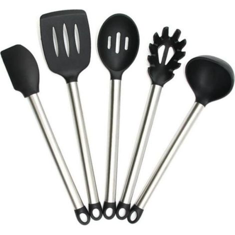 5 pièces set ustensiles de cuisine ustensiles de cuisson utensils Acier Inoxydable & Silicone Noir (1/2)